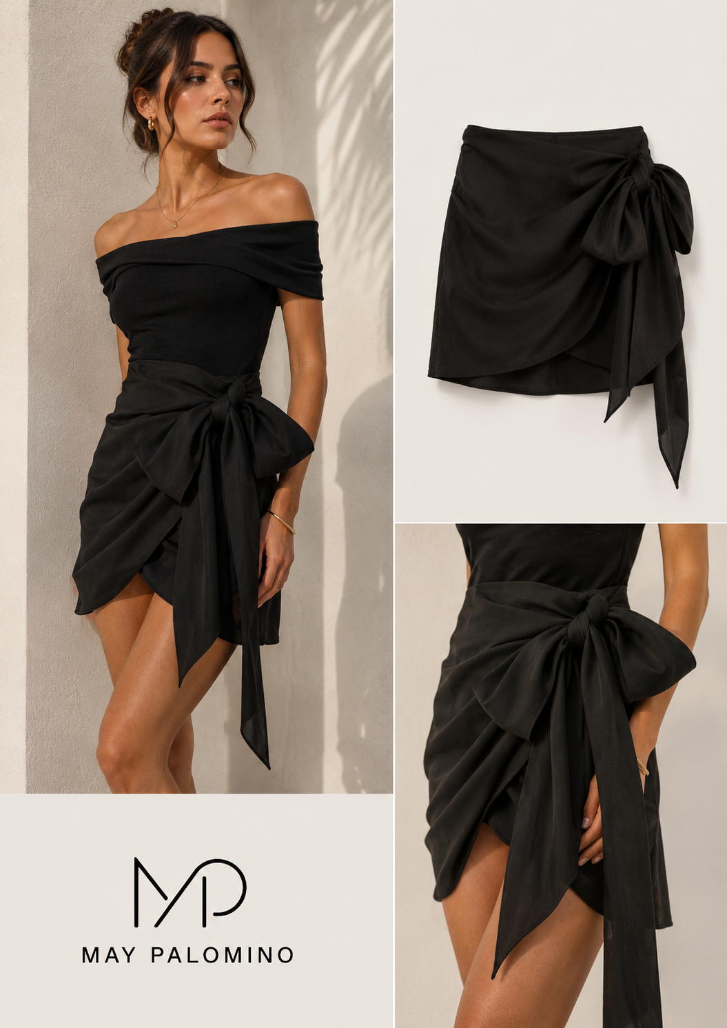 Conjunto negro May Palomino: top off-shoulder con falda drapeada de lazo