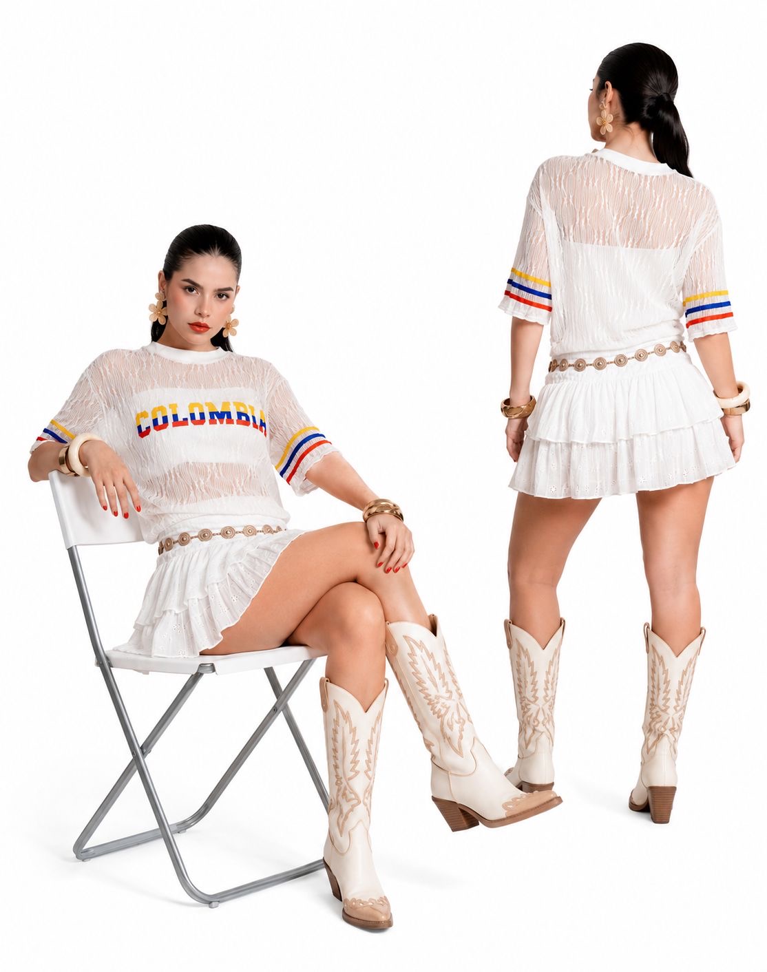 Camisa Colombia en encaje blanco, vista frontal y trasera