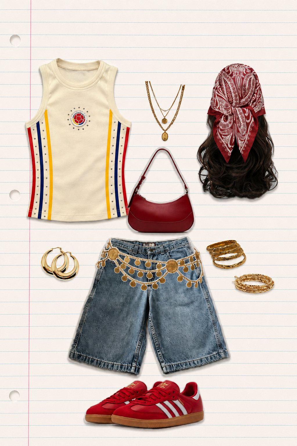 Flat lay del look completo con accesorios